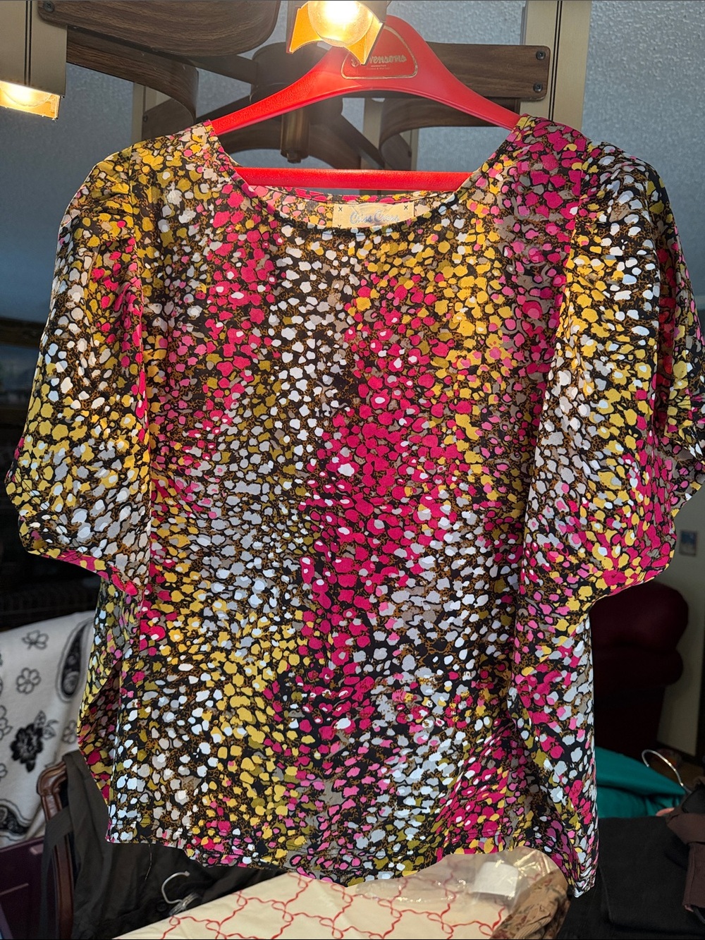 Women’s Floral Spot Short Sleeve Blouse — Pink, Yellow & White